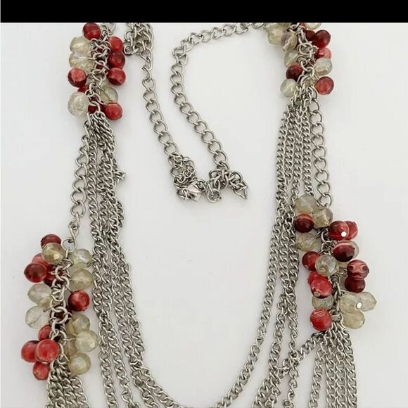 BANANA REPUBLIC SILVER TONE MULTI-STRAND RED RESIN BEADS 30"-33" NECKLACE - Picture 3 of 4
